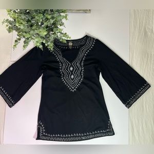 Anthropologie Lucky Brand Black W/ Silver Metallic Embroidered Tunic Top Size XS